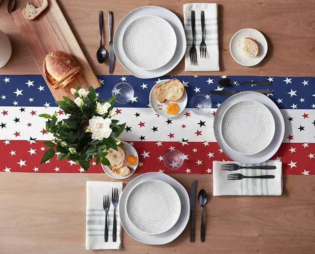 Alt view image 4 of 7 - 4th of July Table Runner Decorations - 71x13 Inch Linen Patriotic Table Runner for Fourth of July, Independence Day, Memorial Day, USA Flag Stars Pattern Table Cover for Home Fireplace Party Supplies