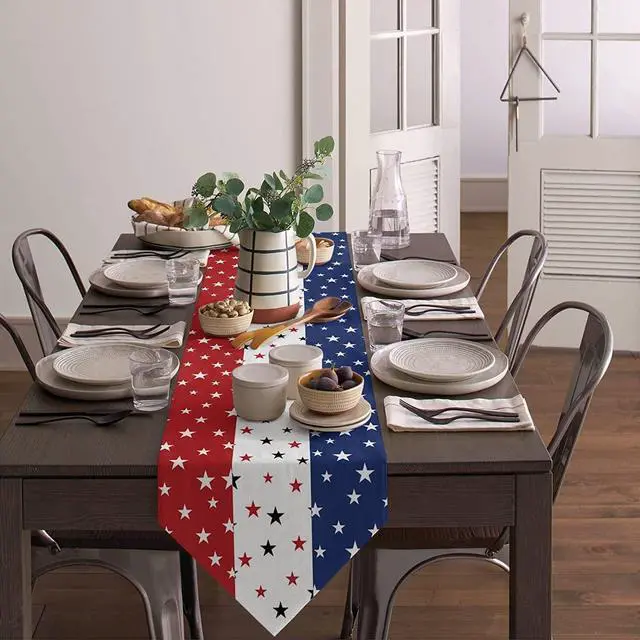 Alt view image 5 of 7 - 4th of July Table Runner Decorations - 71x13 Inch Linen Patriotic Table Runner for Fourth of July, Independence Day, Memorial Day, USA Flag Stars Pattern Table Cover for Home Fireplace Party Supplies