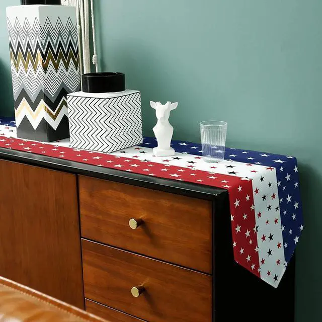 Alt view image 6 of 7 - 4th of July Table Runner Decorations - 71x13 Inch Linen Patriotic Table Runner for Fourth of July, Independence Day, Memorial Day, USA Flag Stars Pattern Table Cover for Home Fireplace Party Supplies