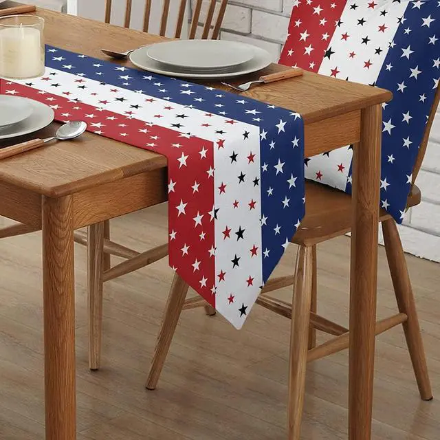 Alt view image 7 of 7 - 4th of July Table Runner Decorations - 71x13 Inch Linen Patriotic Table Runner for Fourth of July, Independence Day, Memorial Day, USA Flag Stars Pattern Table Cover for Home Fireplace Party Supplies