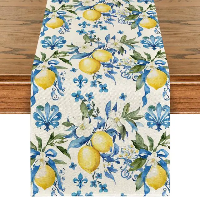 Main image of Artoid Mode Blue Lemon Iris Summer Table Runner, Seasonal Spring Kitchen Dining Table Decor for Home Party Decor 13x72 Inch