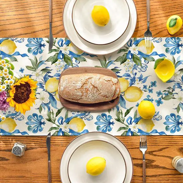 Alt view image 3 of 7 - Artoid Mode Blue Lemon Iris Summer Table Runner, Seasonal Spring Kitchen Dining Table Decor for Home Party Decor 13x72 Inch