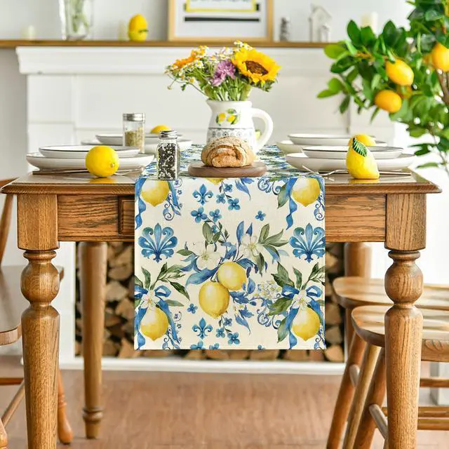 Alt view image 2 of 7 - Artoid Mode Blue Lemon Iris Summer Table Runner, Seasonal Spring Kitchen Dining Table Decor for Home Party Decor 13x72 Inch