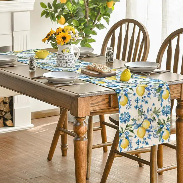 Alt view image 4 of 7 - Artoid Mode Blue Lemon Iris Summer Table Runner, Seasonal Spring Kitchen Dining Table Decor for Home Party Decor 13x72 Inch