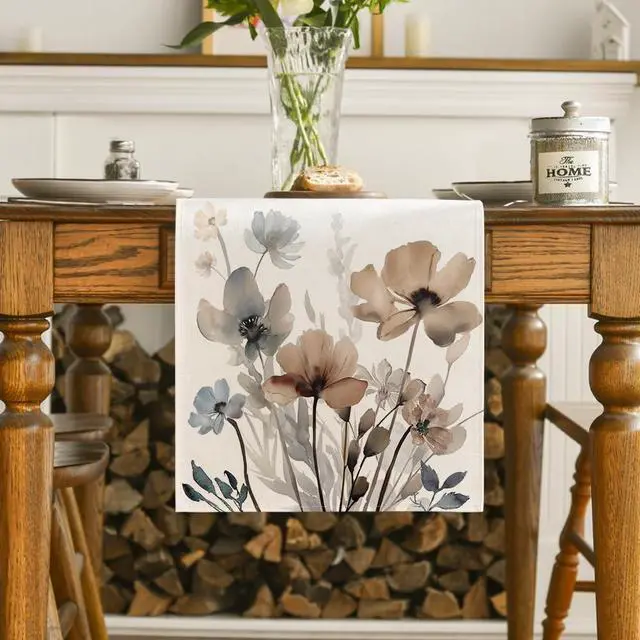 Alt view image 2 of 7 - Artoid Mode Brown Poppy Floral Leaves Spring Table Runner, Seasonal Summer Kitchen Dining Table Decoration for Home Party Decor 13x72 Inch