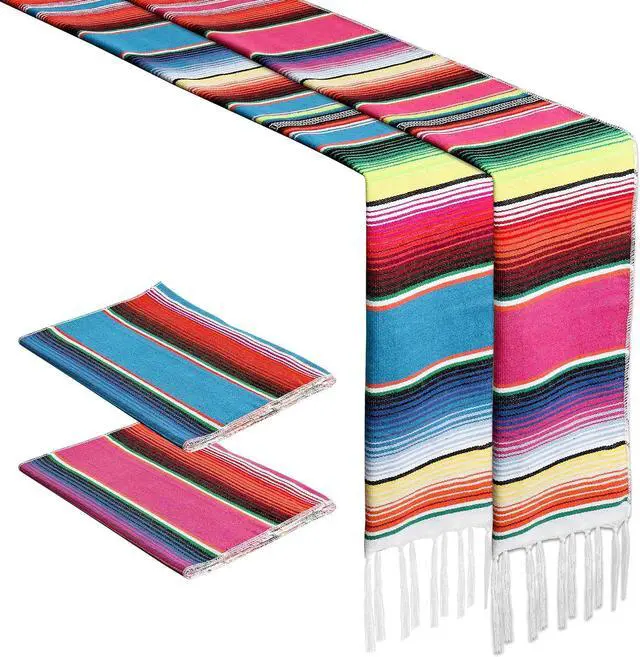 Main image of 2PCS Mexican Table Runner 14x86in Boho Dia De Los Muertos Decorations | Boho Style, Dia De Los Muertos/ofrenda, Vibrant Rainbow Colors, Linen Fabric, Cinco De Mayo