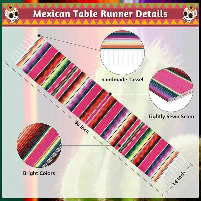 Alt view image 2 of 7 - 2PCS Mexican Table Runner 14x86in Boho Dia De Los Muertos Decorations | Boho Style, Dia De Los Muertos/ofrenda, Vibrant Rainbow Colors, Linen Fabric, Cinco De Mayo