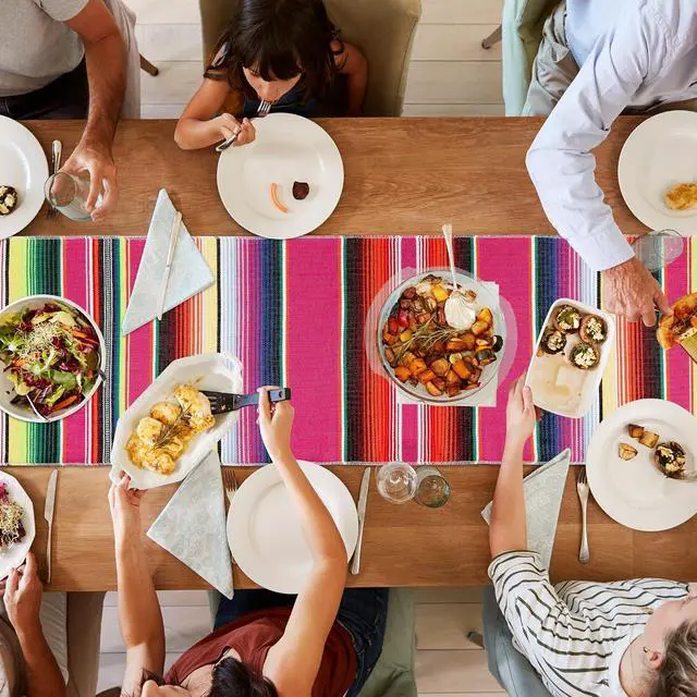Alt view image 4 of 7 - 2PCS Mexican Table Runner 14x86in Boho Dia De Los Muertos Decorations | Boho Style, Dia De Los Muertos/ofrenda, Vibrant Rainbow Colors, Linen Fabric, Cinco De Mayo