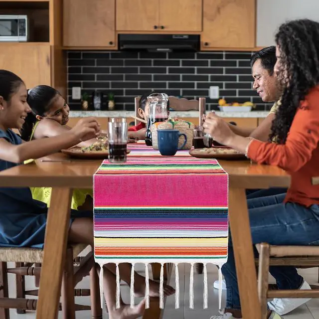 Alt view image 6 of 7 - 2PCS Mexican Table Runner 14x86in Boho Dia De Los Muertos Decorations | Boho Style, Dia De Los Muertos/ofrenda, Vibrant Rainbow Colors, Linen Fabric, Cinco De Mayo