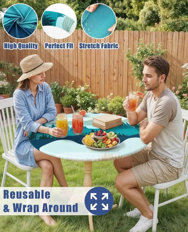 Alt view image 5 of 7 - Moosfor Printed Spandex Round Tablecloth Fitted Table Cloth for 36-44 Table | Circle Patterned Elastic Table Cover, Stretch Washable Table Cloths for Picnic, Patio, Dining, Kitchen, Forest