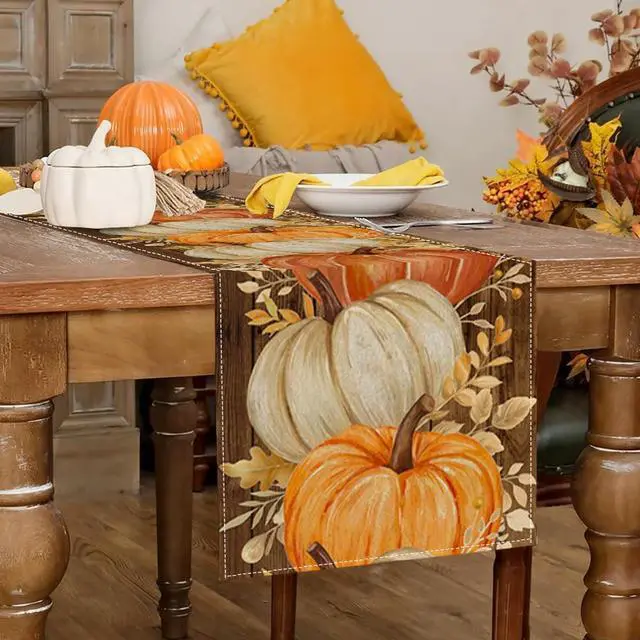 Alt view image 2 of 7 - RABUSOFA Fall Table Runner 13x72 Inch Orange Pumpkins Fall Decor for Home | Golden Maple Leaves Nostalgic Print,Seasonal Autumn Kitchen Dining Table Holiday Thanksgiving Decorations for Party