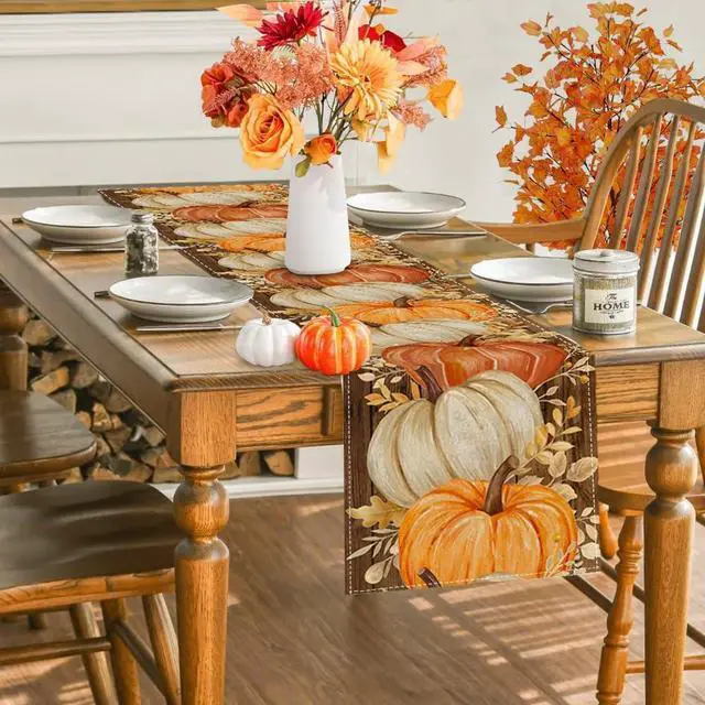Alt view image 3 of 7 - RABUSOFA Fall Table Runner 13x72 Inch Orange Pumpkins Fall Decor for Home | Golden Maple Leaves Nostalgic Print,Seasonal Autumn Kitchen Dining Table Holiday Thanksgiving Decorations for Party