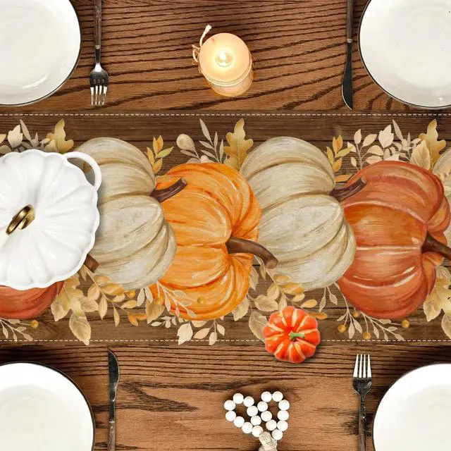 Alt view image 4 of 7 - RABUSOFA Fall Table Runner 13x72 Inch Orange Pumpkins Fall Decor for Home | Golden Maple Leaves Nostalgic Print,Seasonal Autumn Kitchen Dining Table Holiday Thanksgiving Decorations for Party
