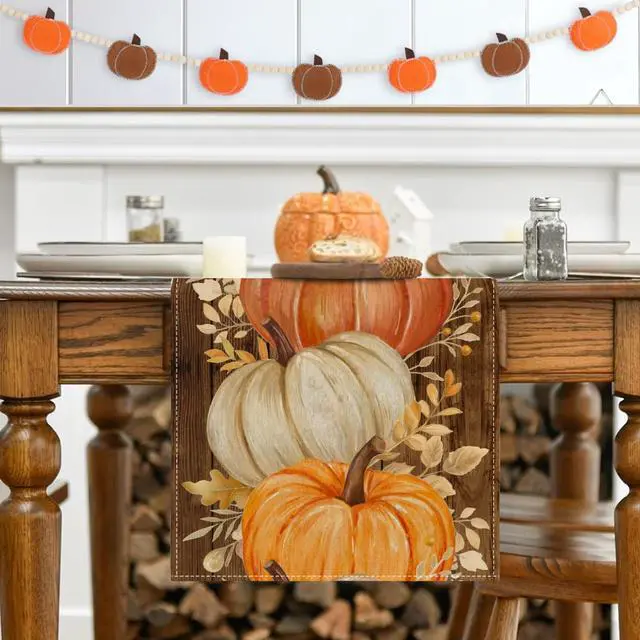 Alt view image 5 of 7 - RABUSOFA Fall Table Runner 13x72 Inch Orange Pumpkins Fall Decor for Home | Golden Maple Leaves Nostalgic Print,Seasonal Autumn Kitchen Dining Table Holiday Thanksgiving Decorations for Party