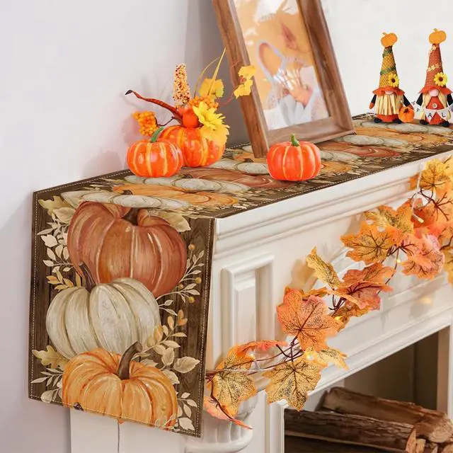 Alt view image 6 of 7 - RABUSOFA Fall Table Runner 13x72 Inch Orange Pumpkins Fall Decor for Home | Golden Maple Leaves Nostalgic Print,Seasonal Autumn Kitchen Dining Table Holiday Thanksgiving Decorations for Party