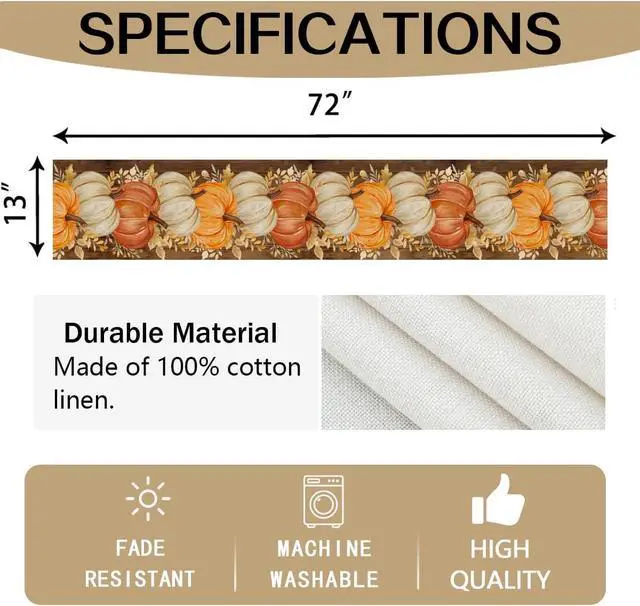Alt view image 7 of 7 - RABUSOFA Fall Table Runner 13x72 Inch Orange Pumpkins Fall Decor for Home | Golden Maple Leaves Nostalgic Print,Seasonal Autumn Kitchen Dining Table Holiday Thanksgiving Decorations for Party