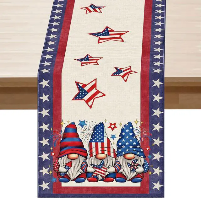 Main image of XCHI Gnome Stars Patriotic America Memorial Day 4th of July Table Runner Table Decoration for Party Home Kitchen Dining Holiday Decor 13x72 Inch