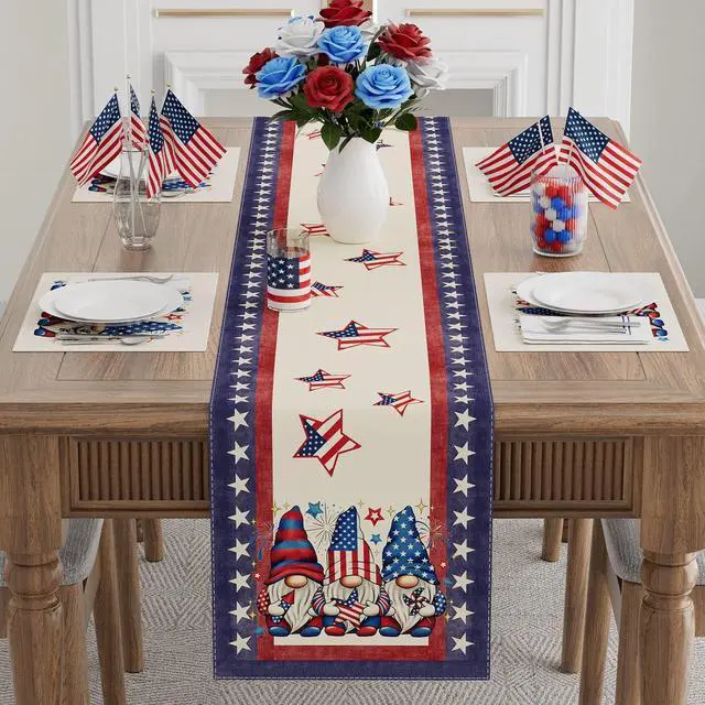 Alt view image 2 of 6 - XCHI Gnome Stars Patriotic America Memorial Day 4th of July Table Runner Table Decoration for Party Home Kitchen Dining Holiday Decor 13x72 Inch