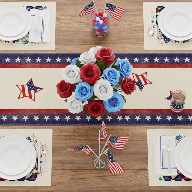 Alt view image 4 of 6 - XCHI Gnome Stars Patriotic America Memorial Day 4th of July Table Runner Table Decoration for Party Home Kitchen Dining Holiday Decor 13x72 Inch
