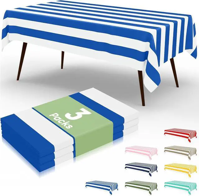 Main image of misaya 3 Packs Striped Disposable Table Cloth, 54 x 108 Inch Waterproof Rectangle Tablecloth, Leakproof & Sturdy Decorative Table Covers for Picnic, Party, Back to School and Outdoor, Blue and White