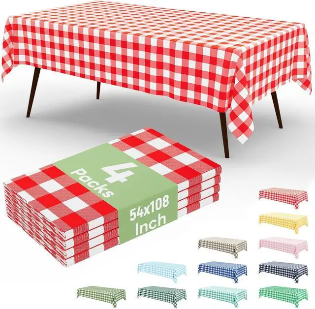Main image of misaya 4 Packs Buffalo Disposable Table Cloth, 54 x 108 Inch Waterproof Plastic Tablecloth, Rectangle Red and White Checkered Table Covers for Picnic, Birthday, Party, Back to School