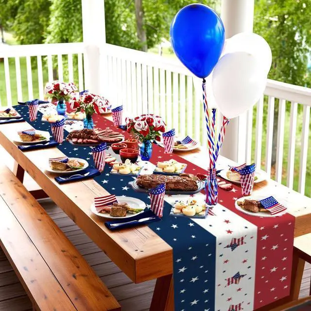 Alt view image 4 of 7 - 4th of July Red White and Blue Table Runner(13x72 Inch) Memorial Day July 4 Patriotic Decorations Americana Star Table Runners for Holiday Home Farmhose Decor Indoor Outdoor Party Favors Supplies