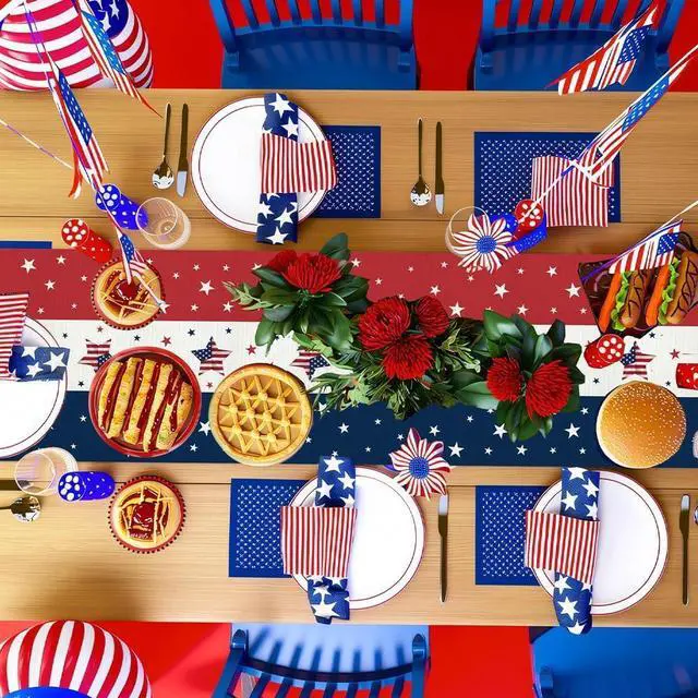 Alt view image 5 of 7 - 4th of July Red White and Blue Table Runner(13x72 Inch) Memorial Day July 4 Patriotic Decorations Americana Star Table Runners for Holiday Home Farmhose Decor Indoor Outdoor Party Favors Supplies