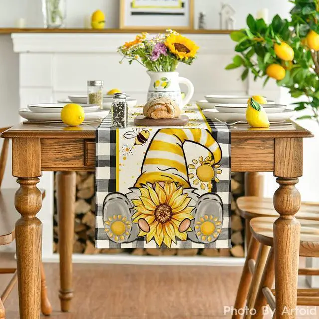 Alt view image 2 of 7 - Artoid Mode Buffalo Plaid Sunflower Gnomes Bee Summer Table Runner, Seasonal Kitchen Dining Table Decoration for Home Party Decor 13x72 Inch