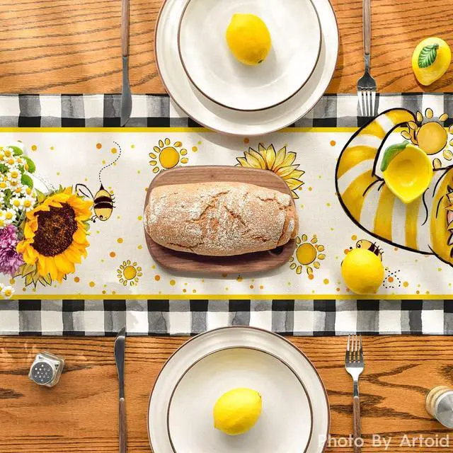 Alt view image 3 of 7 - Artoid Mode Buffalo Plaid Sunflower Gnomes Bee Summer Table Runner, Seasonal Kitchen Dining Table Decoration for Home Party Decor 13x72 Inch