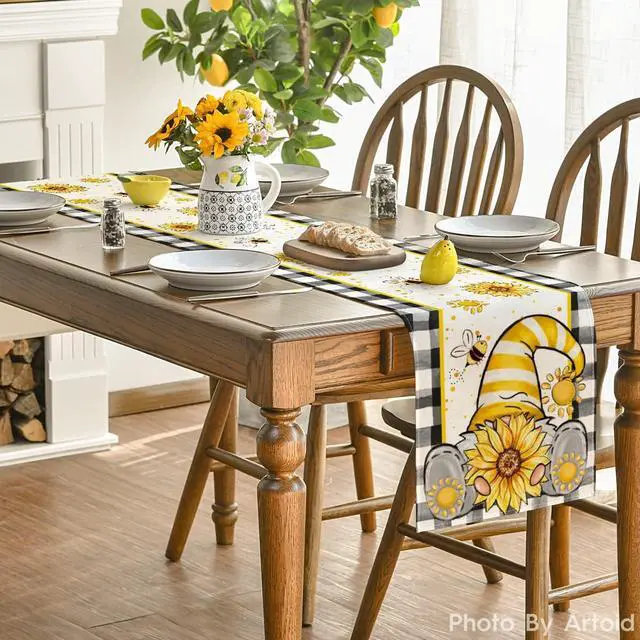 Alt view image 4 of 7 - Artoid Mode Buffalo Plaid Sunflower Gnomes Bee Summer Table Runner, Seasonal Kitchen Dining Table Decoration for Home Party Decor 13x72 Inch