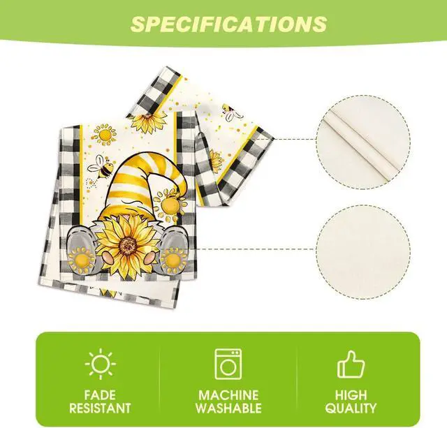 Alt view image 5 of 7 - Artoid Mode Buffalo Plaid Sunflower Gnomes Bee Summer Table Runner, Seasonal Kitchen Dining Table Decoration for Home Party Decor 13x72 Inch