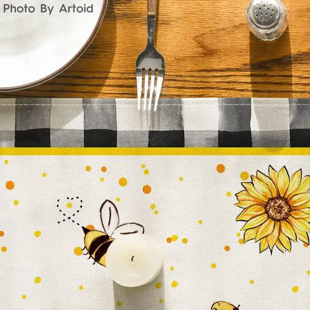 Alt view image 7 of 7 - Artoid Mode Buffalo Plaid Sunflower Gnomes Bee Summer Table Runner, Seasonal Kitchen Dining Table Decoration for Home Party Decor 13x72 Inch