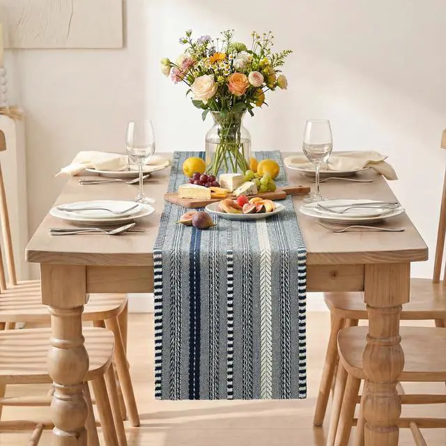 Alt view image 2 of 7 - Artoid Mode Dark Blue Farmhouse Stripe Braided Table Runner 12x48 Inch | Holiday Rustic Kitchen Dining Dresser Coffee Table Decoration for Home Party Decor, Macrame Cotton Blend