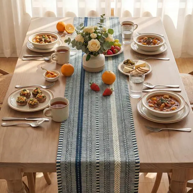 Alt view image 3 of 7 - Artoid Mode Dark Blue Farmhouse Stripe Braided Table Runner 12x48 Inch | Holiday Rustic Kitchen Dining Dresser Coffee Table Decoration for Home Party Decor, Macrame Cotton Blend