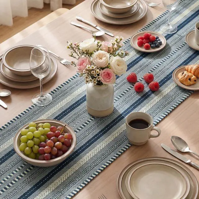 Alt view image 4 of 7 - Artoid Mode Dark Blue Farmhouse Stripe Braided Table Runner 12x48 Inch | Holiday Rustic Kitchen Dining Dresser Coffee Table Decoration for Home Party Decor, Macrame Cotton Blend