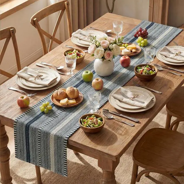 Alt view image 5 of 7 - Artoid Mode Dark Blue Farmhouse Stripe Braided Table Runner 12x48 Inch | Holiday Rustic Kitchen Dining Dresser Coffee Table Decoration for Home Party Decor, Macrame Cotton Blend