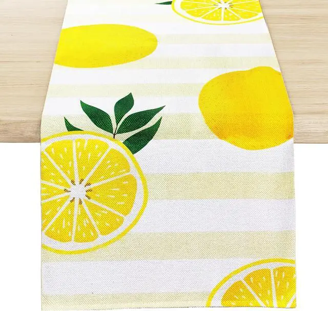 Main image of Lemon Table Runner Kitchen Decor, 13 × 72 Inch | Yellow and White Stripes Lemon Table Decorations Summer Spring Seasonal Home Decor for Dining Table Farmhouse Party