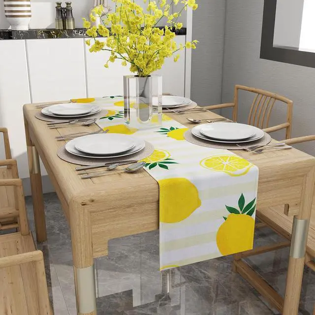 Alt view image 2 of 7 - Lemon Table Runner Kitchen Decor, 13 × 72 Inch | Yellow and White Stripes Lemon Table Decorations Summer Spring Seasonal Home Decor for Dining Table Farmhouse Party