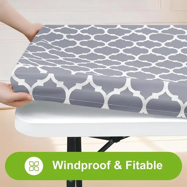 Alt view image 2 of 7 - Smiry Picnic Fitted Table Cover, 6 Foot Flannel Backed Vinyl Tablecloth | Waterproof Elastic Stretch Table Cloth, Wipeable Plastic Tablecloth for Camping, Indoor & Outdoor (Grey, 30" x 72")