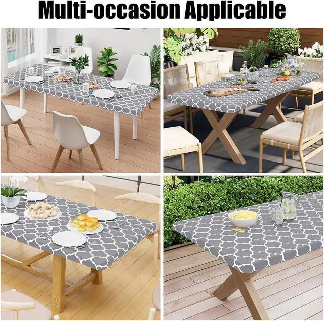 Alt view image 6 of 7 - Smiry Picnic Fitted Table Cover, 6 Foot Flannel Backed Vinyl Tablecloth | Waterproof Elastic Stretch Table Cloth, Wipeable Plastic Tablecloth for Camping, Indoor & Outdoor (Grey, 30" x 72")