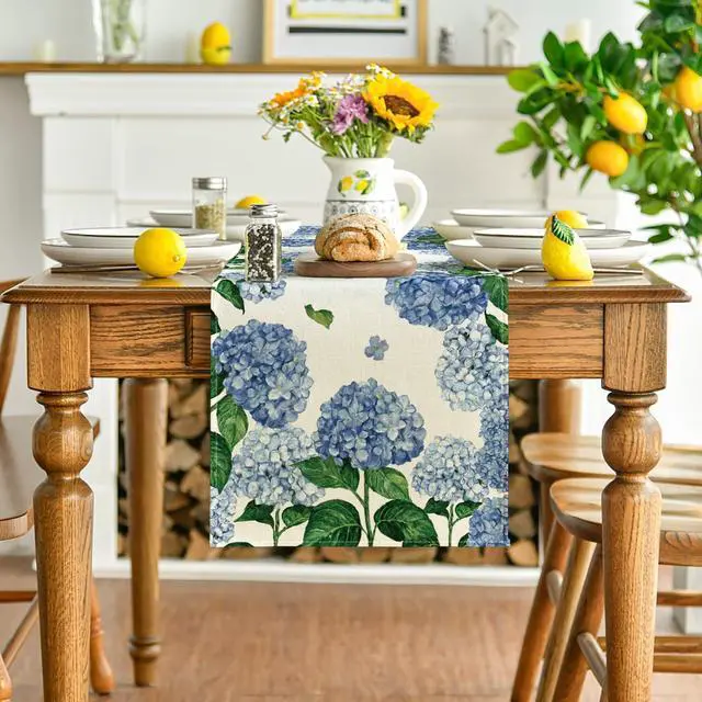 Alt view image 2 of 7 - Artoid Mode Watercolor Hydrangea Table Runner, Spring Summer Seasonal Kitchen Dining Table Decoration for Indoor Outdoor Home Party Decor 13 x 72 Inch