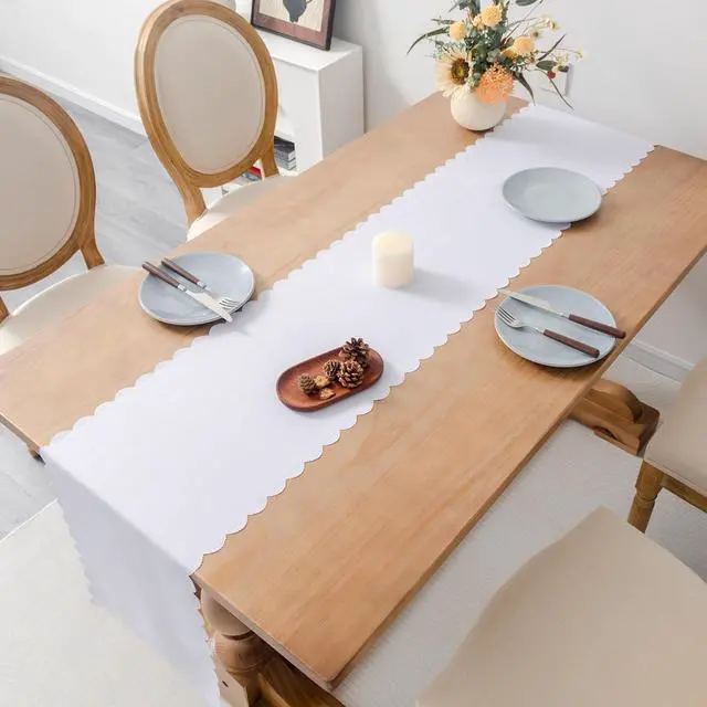 Alt view image 3 of 7 - Solid White Farmhouse Scalloped Table Runner 13 x 72 Inchs | Washable Polyester Cute Everyday Decorative Table Runners for Dinner Birthday Wedding and Party