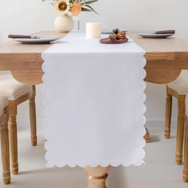 Main image of Solid White Farmhouse Scalloped Table Runner 13 x 72 Inchs | Washable Polyester Cute Everyday Decorative Table Runners for Dinner Birthday Wedding and Party