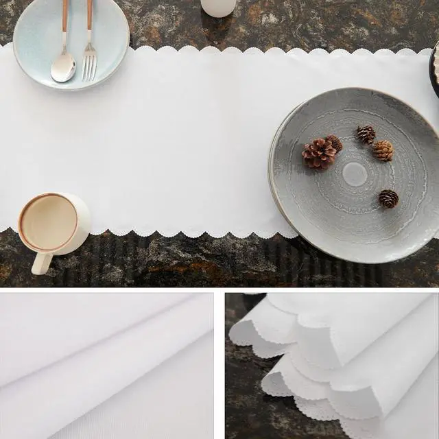 Alt view image 5 of 7 - Solid White Farmhouse Scalloped Table Runner 13 x 72 Inchs | Washable Polyester Cute Everyday Decorative Table Runners for Dinner Birthday Wedding and Party