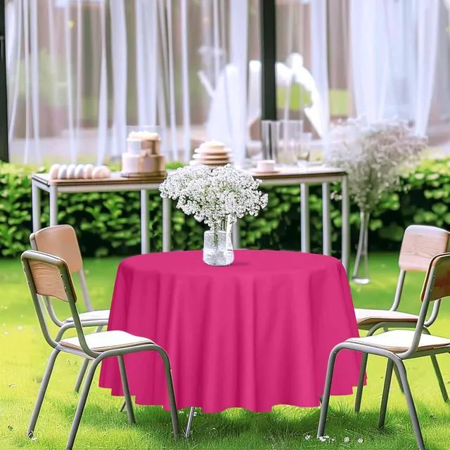 Alt view image 5 of 7 - 2 Pack Hot Pink Round Tablecloth 84 x 84 Inch Circle Plastic Table Cover Disposable Table Cloth for Baby Shower Wedding Birthday Party Picnic Round Plastic