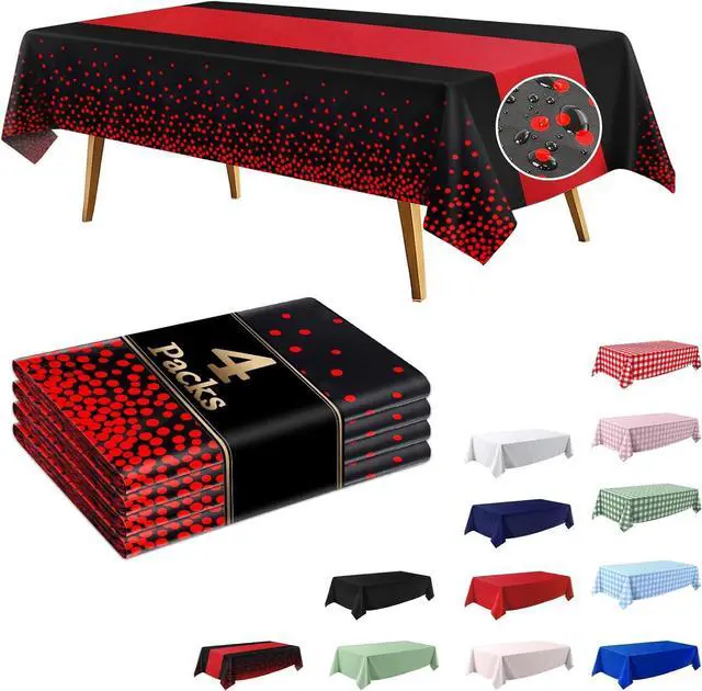 Main image of 4 Pack Black and Red Disposable Tablecloth, Leakproof & Sturdy Table Cloth | 54×108 Inches Waterproof Plastic Rectangle Table Cover for Anniversary Graduation Party, Birthday Wedding Party Decorations
