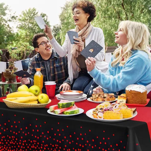 Alt view image 6 of 7 - 4 Pack Black and Red Disposable Tablecloth, Leakproof & Sturdy Table Cloth | 54×108 Inches Waterproof Plastic Rectangle Table Cover for Anniversary Graduation Party, Birthday Wedding Party Decorations