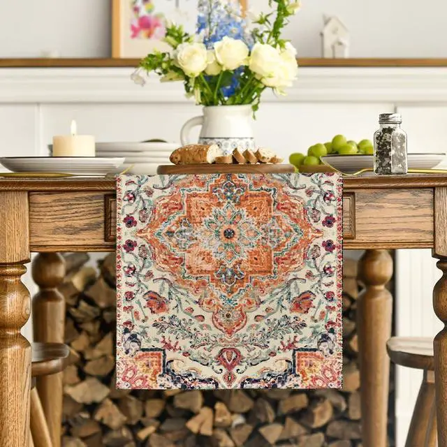Alt view image 2 of 7 - Artoid Mode Boho Bohemia Style Orange Table Runner, Country Rustic Farmhouse Magical Fall Kitchen Dining Table Decoration for Home Party Decor 13x72 Inch