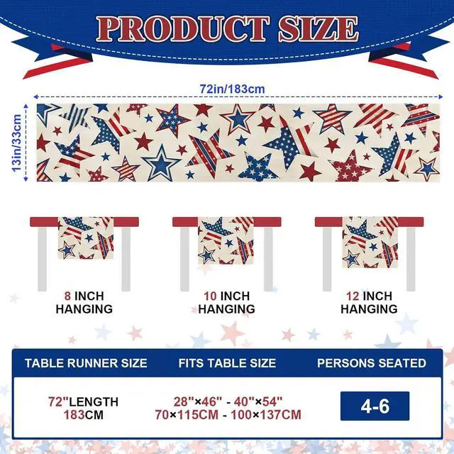 Alt view image 2 of 7 - 4th of July Table Runner 13x72 Inch Patriotic Stars Table Decoration | Red White Blue Memorial Day Runner for Table, Independence Day Home Kitchen Dining Table Party Decor