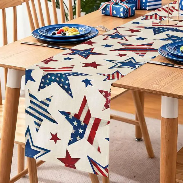 Alt view image 4 of 7 - 4th of July Table Runner 13x72 Inch Patriotic Stars Table Decoration | Red White Blue Memorial Day Runner for Table, Independence Day Home Kitchen Dining Table Party Decor